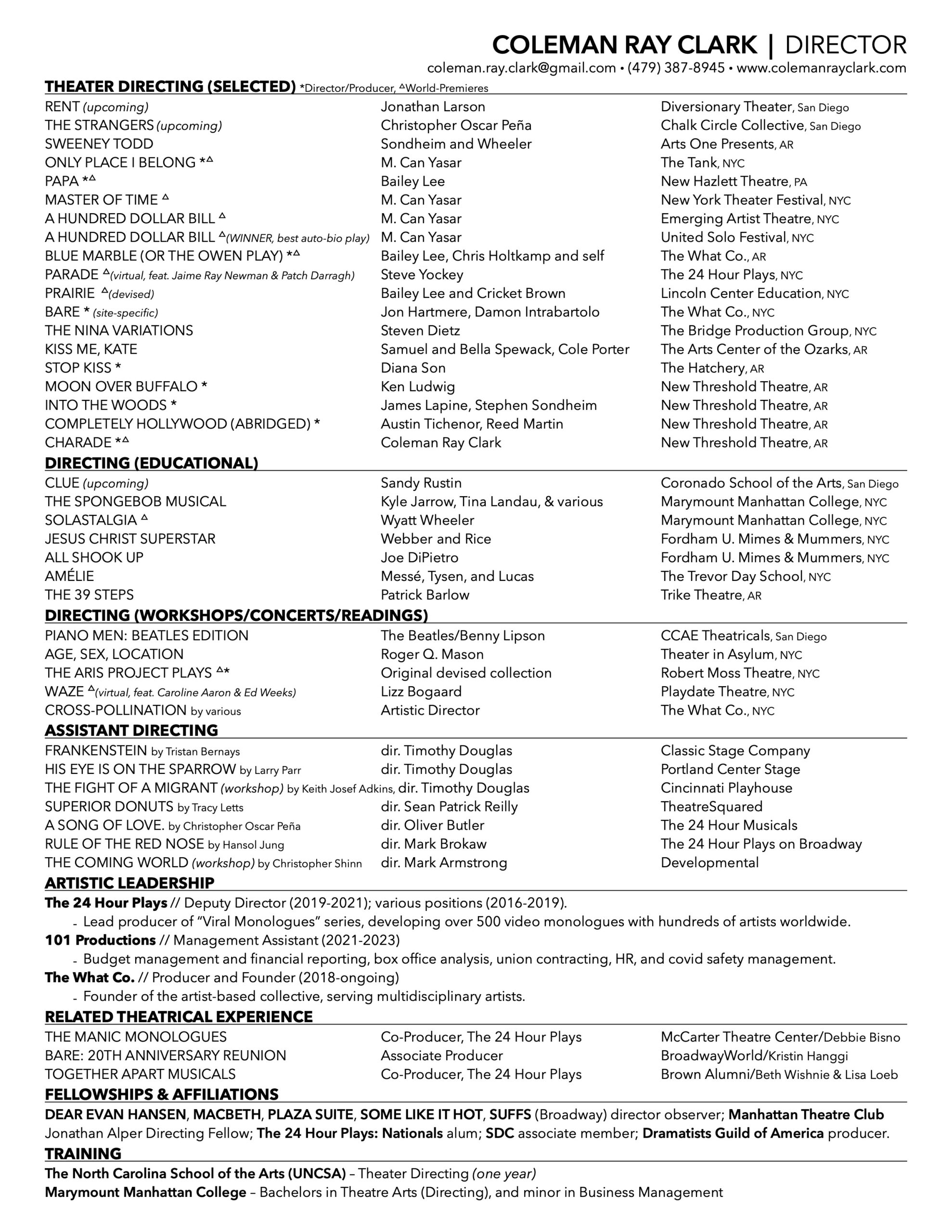 Coleman Ray Clark Directing Resume Sept 25