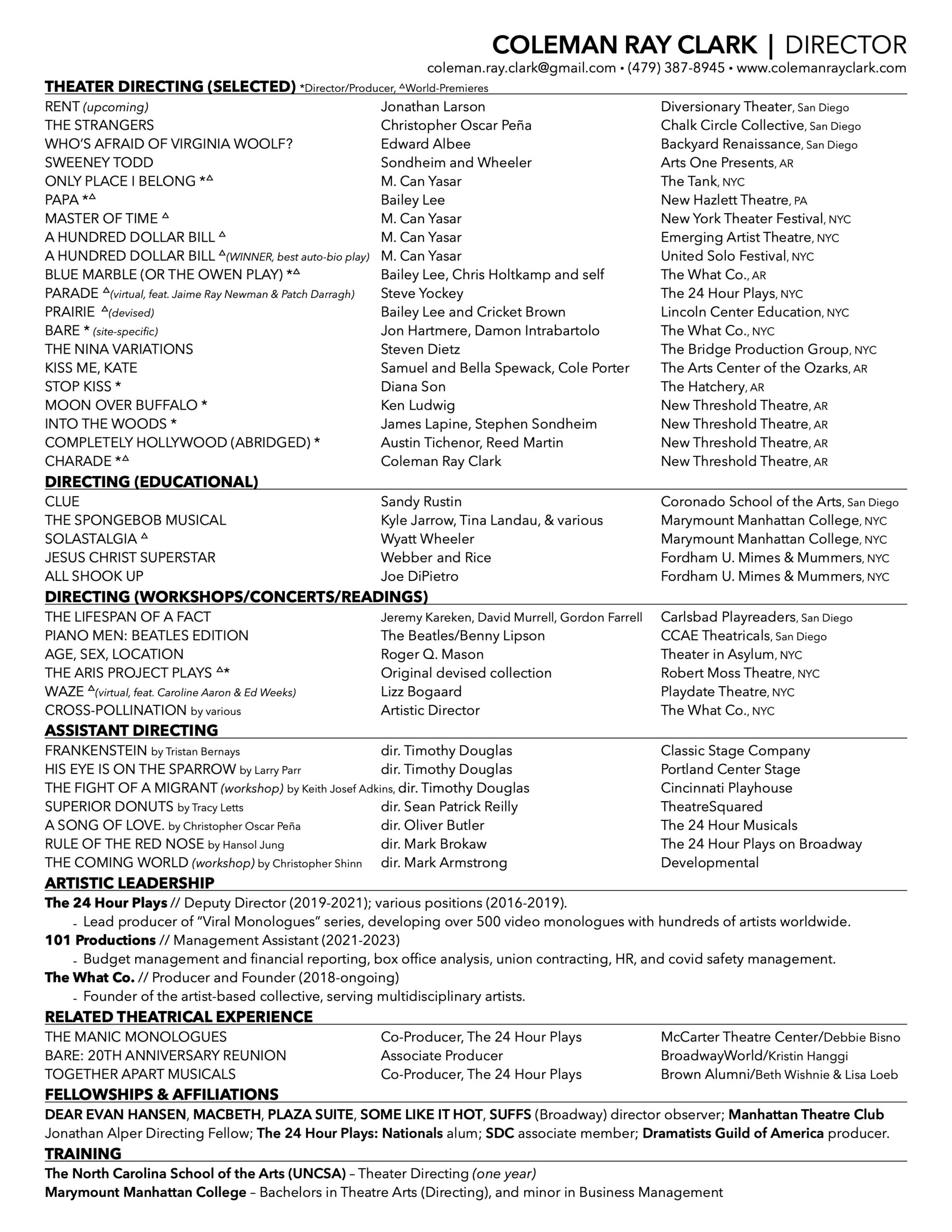 Coleman Ray Clark Directing Resume March 26