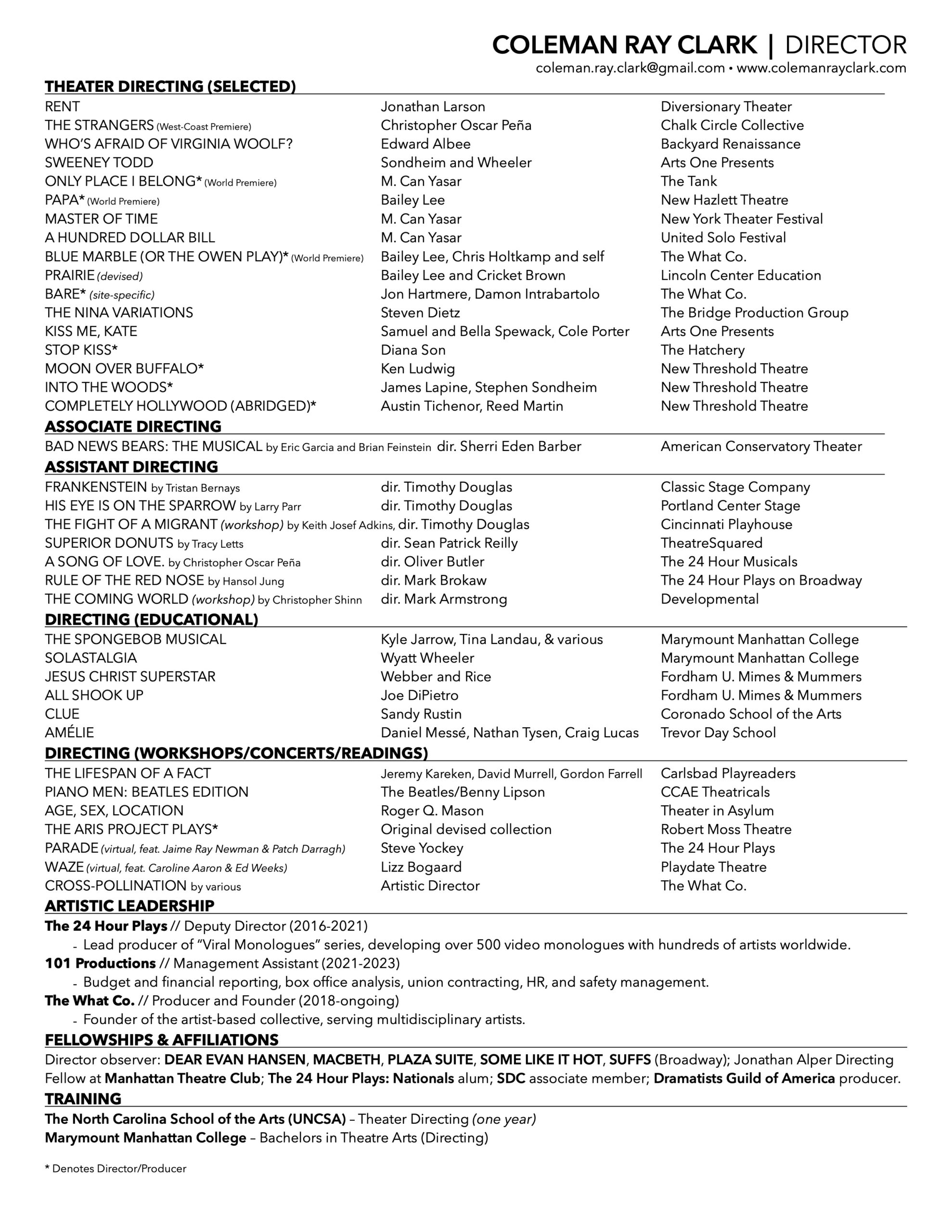 Coleman Ray Clark Directing Resume